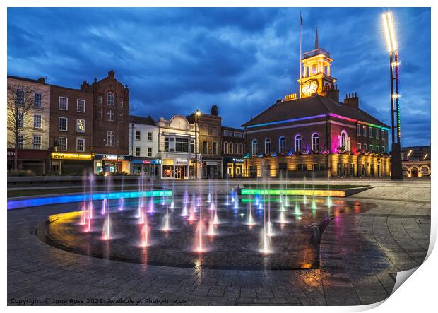 Stockton-on-Tees Fountains & Town Hall at Night  Print by June Ross
