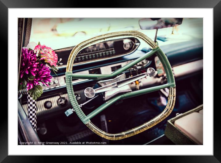 1950's Vintage American Car Steering Wheel With An Framed Mounted Print by Peter Greenway
