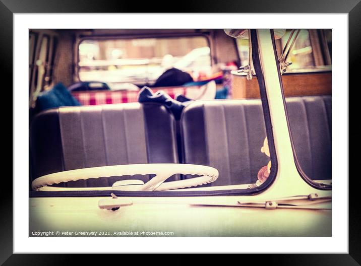 Split Window Of A 1950s Style VW Bully Camper Van Framed Mounted Print by Peter Greenway