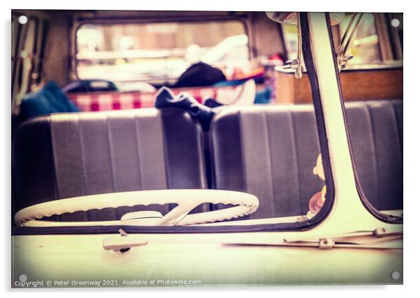 Split Window Of A 1950s Style VW Bully Camper Van Acrylic by Peter Greenway