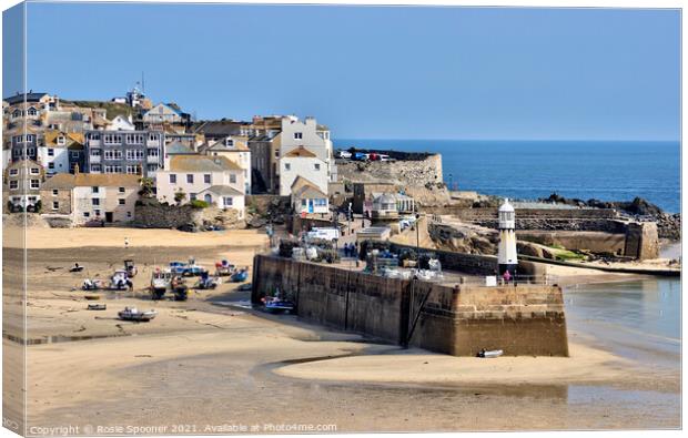 St Ives Beach and Harbour Lighthouse on Smeaton's  Canvas Print by Rosie Spooner