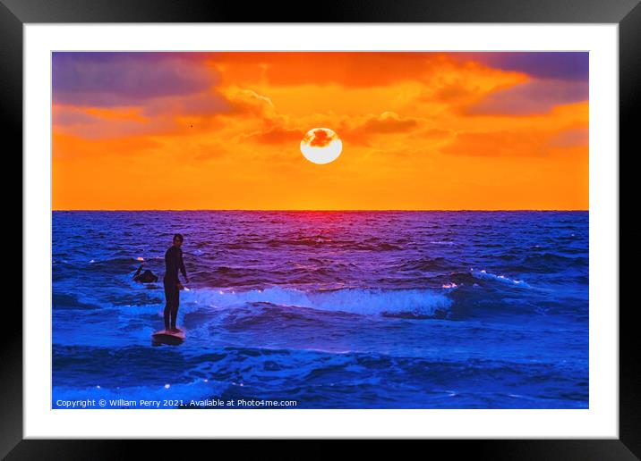 Surfer Sunset La Jolla Shores Beach San Diego California Framed Mounted Print by William Perry