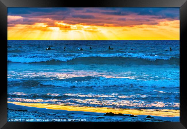 Surfers Sunset La Jolla Shores Beach San Diego California Framed Print by William Perry