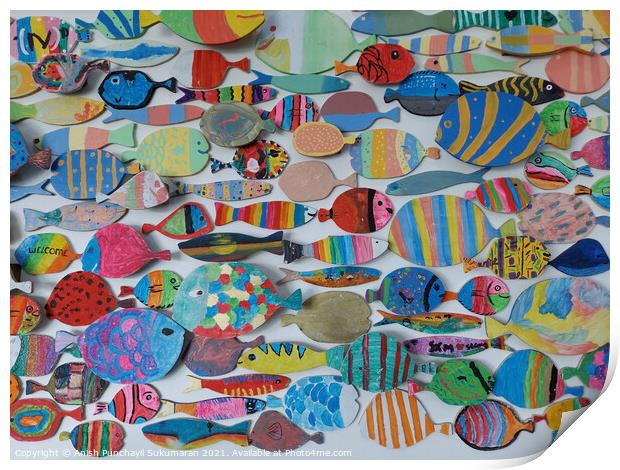 beautiful and colourful wooden fish wood craft on wall Print by Anish Punchayil Sukumaran