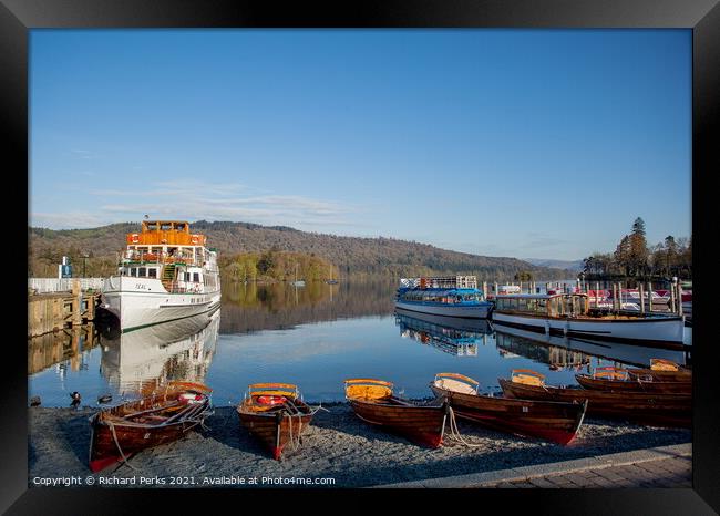 Boats for Hire on Lake Windemere, Bowness Framed Print by Richard Perks