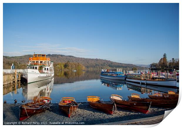Boats for Hire on Lake Windemere, Bowness Print by Richard Perks