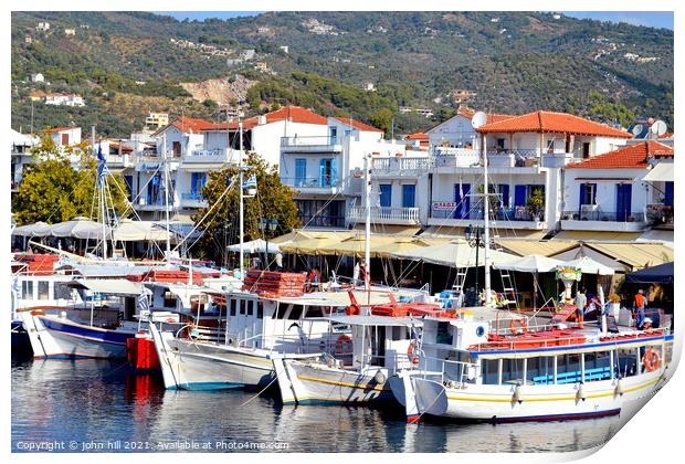 Ferries in the old port at Skiathos in Greece. Print by john hill