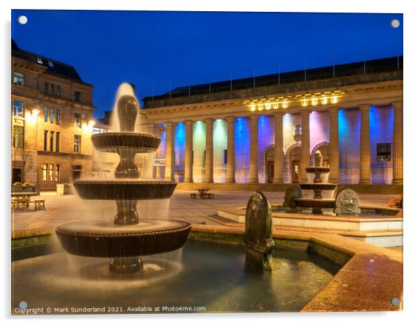 Fountains and Caird Hall in Dundee Acrylic by Mark Sunderland