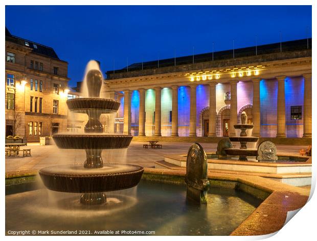 Fountains and Caird Hall in Dundee Print by Mark Sunderland