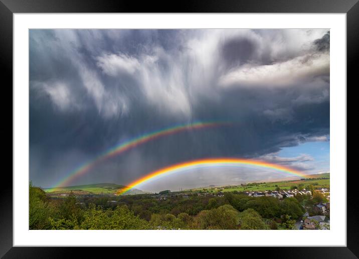 Dramatic skies over Derbyshire with double rainbow Framed Mounted Print by John Finney