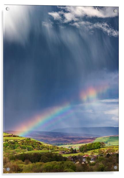 Dramatic skies over Derbyshire with double rainbow Acrylic by John Finney