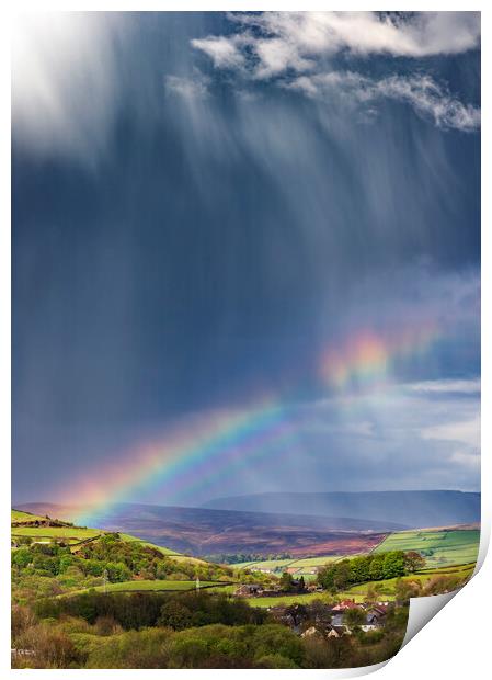 Dramatic skies over Derbyshire with double rainbow Print by John Finney