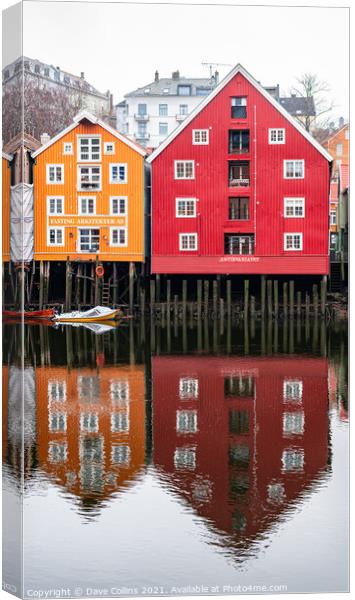 Waterfront buildings and reflections, Trondheim, Norway Canvas Print by Dave Collins