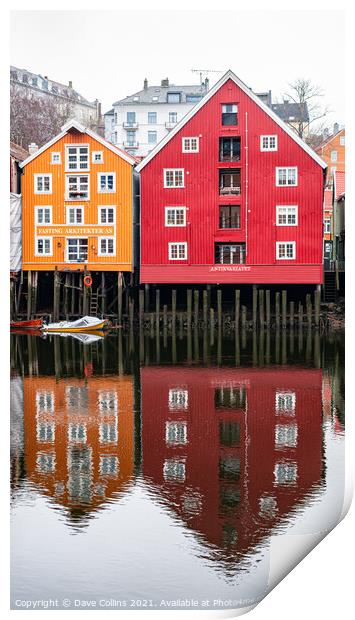 Waterfront buildings and reflections, Trondheim, Norway Print by Dave Collins