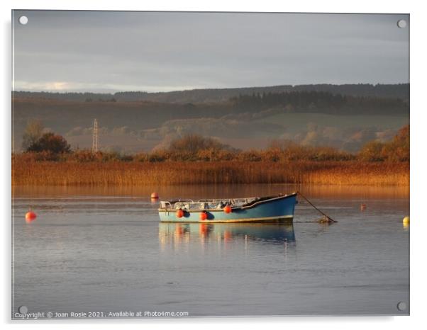 Blue boat on the Exe Estuary in early morning winter sunlight Acrylic by Joan Rosie