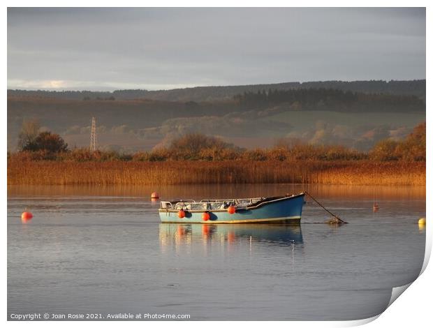 Blue boat on the Exe Estuary in early morning winter sunlight Print by Joan Rosie