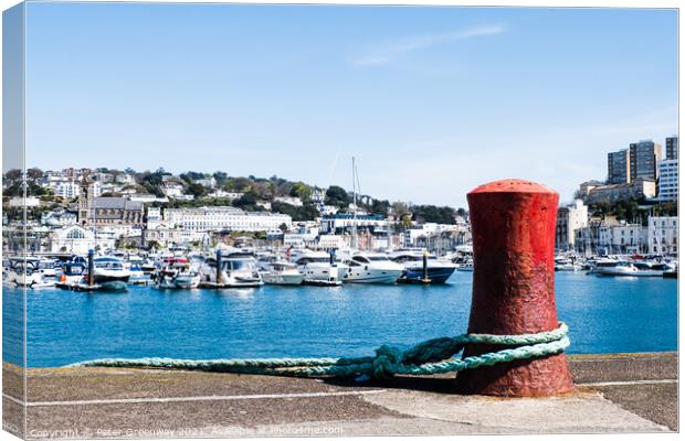 A Red Mooring Post At Torquay Marina, Devon Canvas Print by Peter Greenway