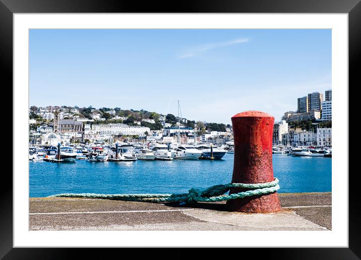 A Red Mooring Post At Torquay Marina, Devon Framed Mounted Print by Peter Greenway