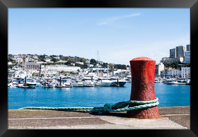 A Red Mooring Post At Torquay Marina, Devon Framed Print by Peter Greenway