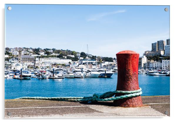 A Red Mooring Post At Torquay Marina, Devon Acrylic by Peter Greenway