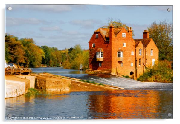 Fladbury Weir and Cropthorne Mill, Worcestershire Acrylic by Richard J. Kyte