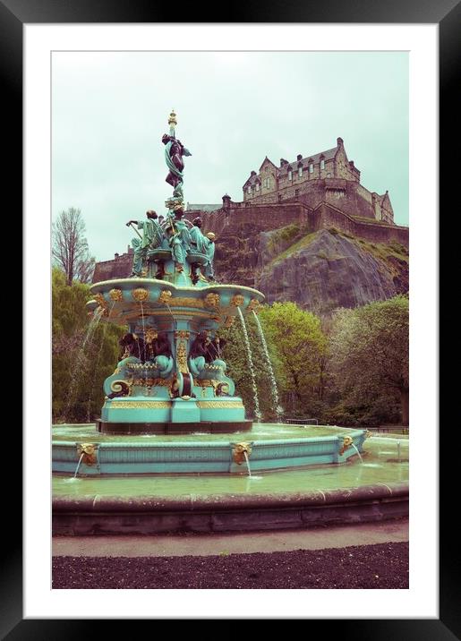Edinburgh Castle and fountain (vintage) Framed Mounted Print by Theo Spanellis