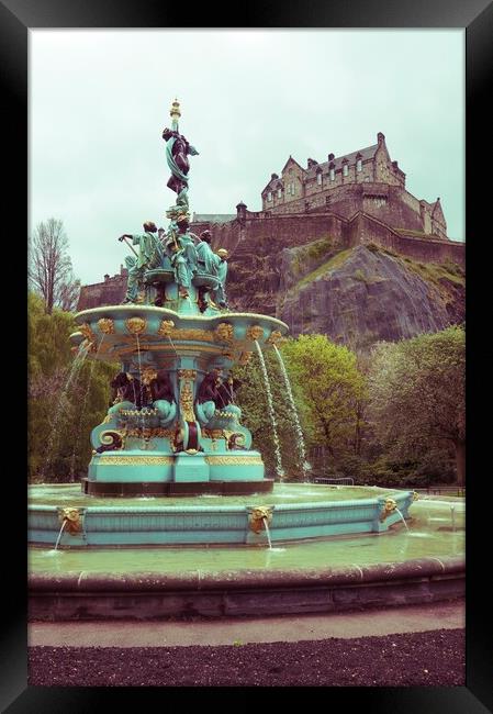 Edinburgh Castle and fountain (vintage) Framed Print by Theo Spanellis
