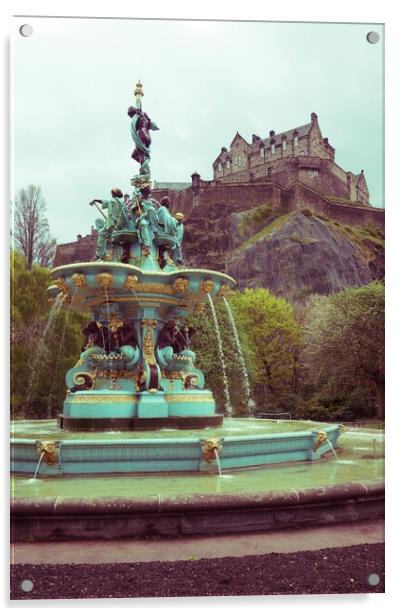 Edinburgh Castle and fountain (vintage) Acrylic by Theo Spanellis