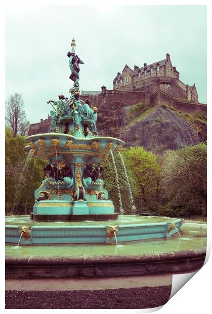 Edinburgh Castle and fountain (vintage) Print by Theo Spanellis