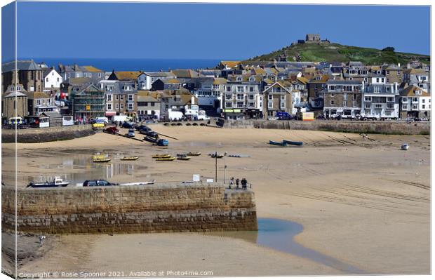 Low tide at St Ives Beach in Cornwall and St Nicholas Chapel Canvas Print by Rosie Spooner