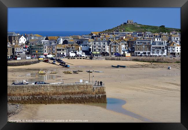 Low tide at St Ives Beach in Cornwall and St Nicholas Chapel Framed Print by Rosie Spooner