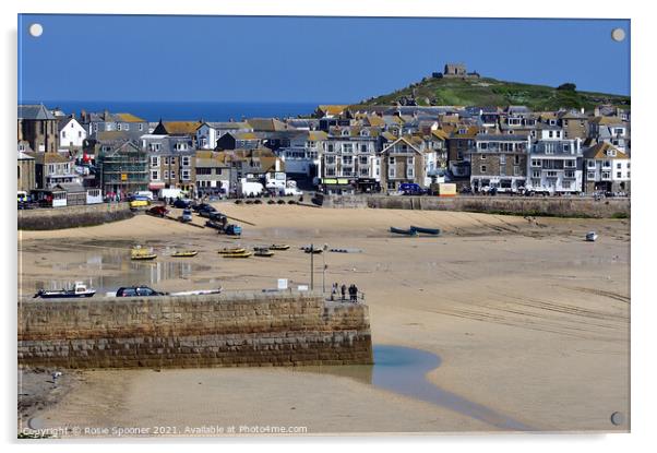 Low tide at St Ives Beach in Cornwall and St Nicholas Chapel Acrylic by Rosie Spooner