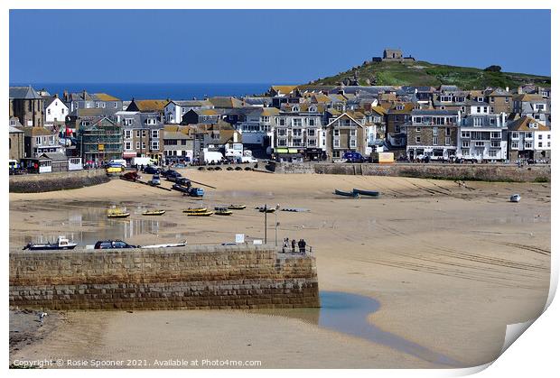 Low tide at St Ives Beach in Cornwall and St Nicholas Chapel Print by Rosie Spooner