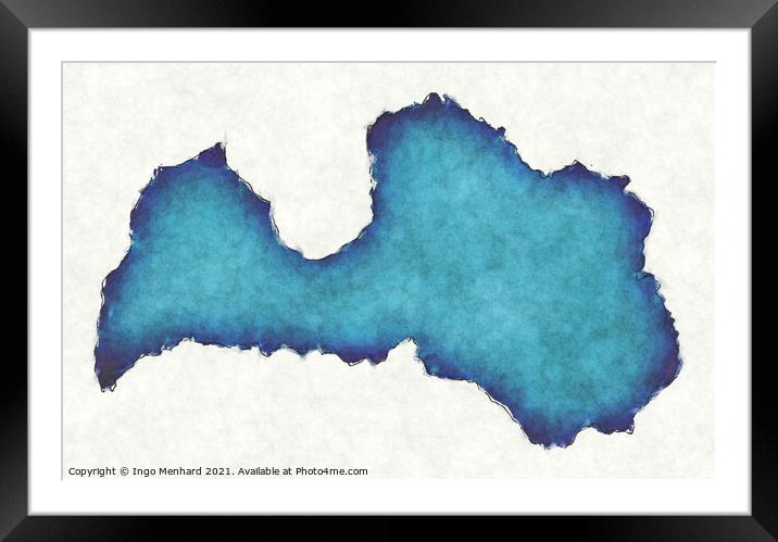 Latvia map with drawn lines and blue watercolor illustration Framed Mounted Print by Ingo Menhard