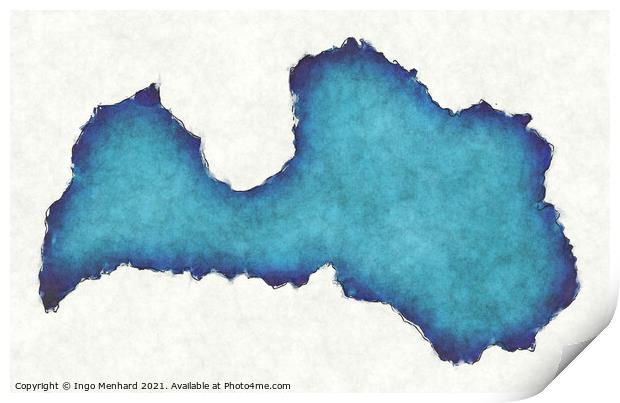 Latvia map with drawn lines and blue watercolor illustration Print by Ingo Menhard