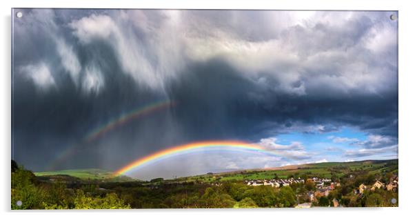 Dramatic skies over Derbyshire with double rainbow Acrylic by John Finney