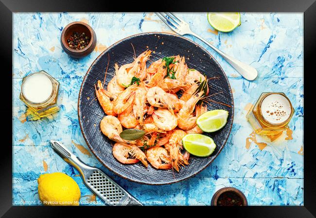 Boiled shrimp and light beer,top view Framed Print by Mykola Lunov Mykola