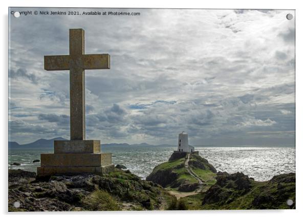 Cross overlooking the Lighthouse Llanddwyn Island Acrylic by Nick Jenkins