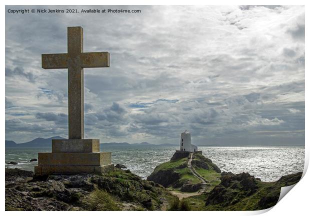 Cross overlooking the Lighthouse Llanddwyn Island Print by Nick Jenkins
