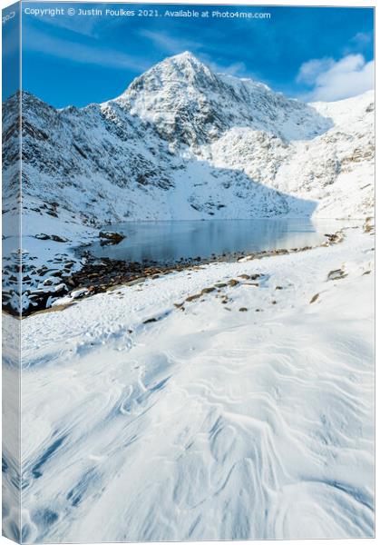 Winter view of Glaslyn, beneath Snowdon Canvas Print by Justin Foulkes