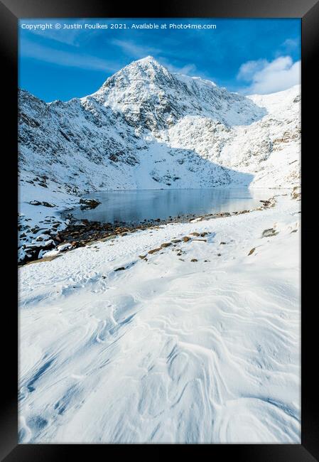 Winter view of Glaslyn, beneath Snowdon Framed Print by Justin Foulkes