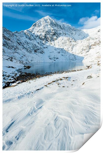 Winter view of Glaslyn, beneath Snowdon Print by Justin Foulkes