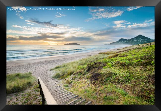 The beach at Tairua, Coromandel Peninsula, New Zealand Framed Print by Justin Foulkes