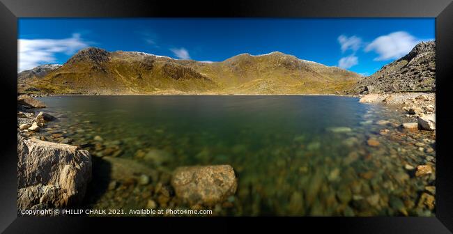Levers water panorama in the  lake district with snow on the tops 500 Framed Print by PHILIP CHALK