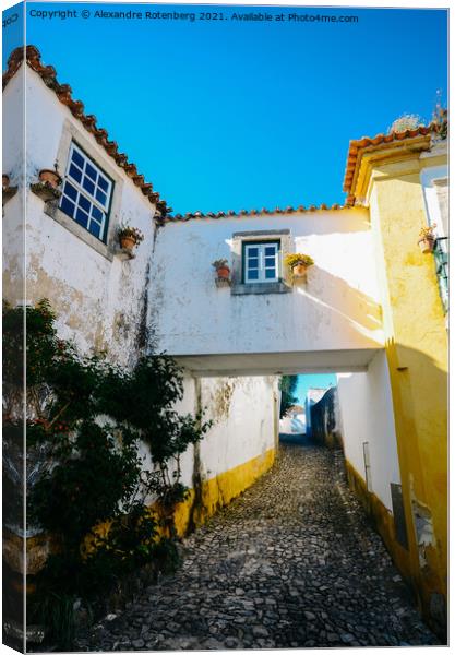 Narrow cobbled streets and traditionally painted houses in Obidos, Portugal. Canvas Print by Alexandre Rotenberg