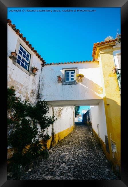 Narrow cobbled streets and traditionally painted houses in Obidos, Portugal. Framed Print by Alexandre Rotenberg