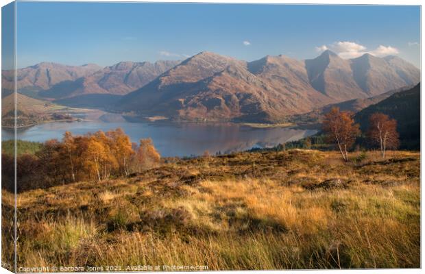Five Sisters of Kintail and Loch Duich in Autumn  Canvas Print by Barbara Jones