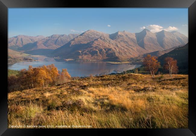 Five Sisters of Kintail and Loch Duich in Autumn  Framed Print by Barbara Jones