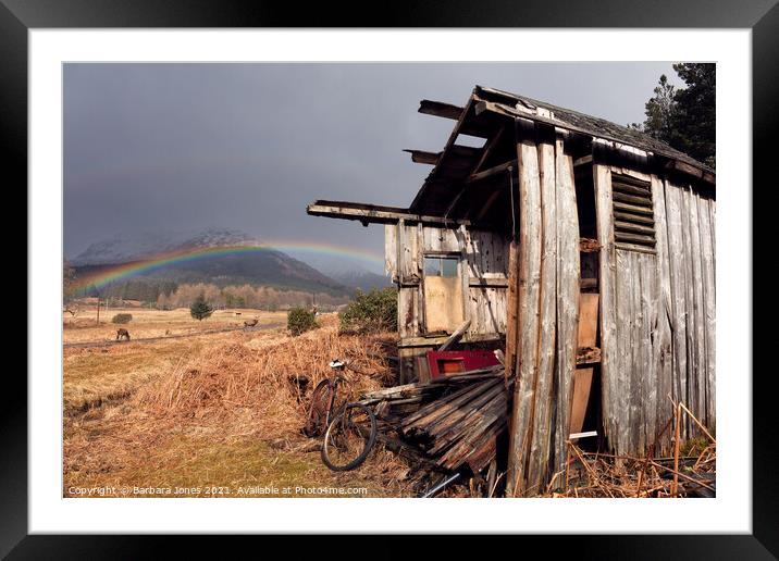 Glen Etive Bike, Shed and Rainbow.  Framed Mounted Print by Barbara Jones