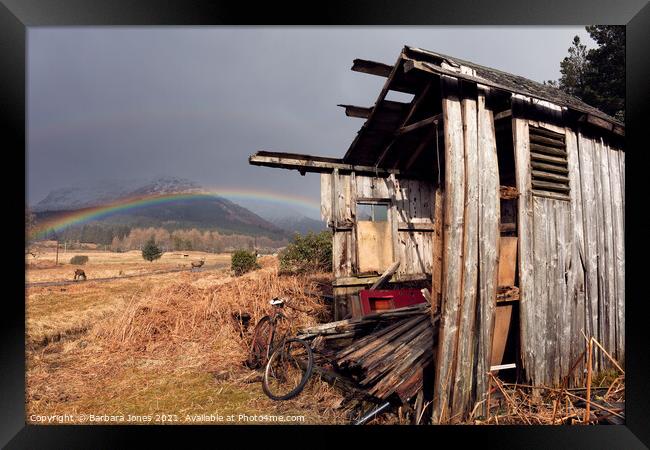 Glen Etive Bike, Shed and Rainbow.  Framed Print by Barbara Jones